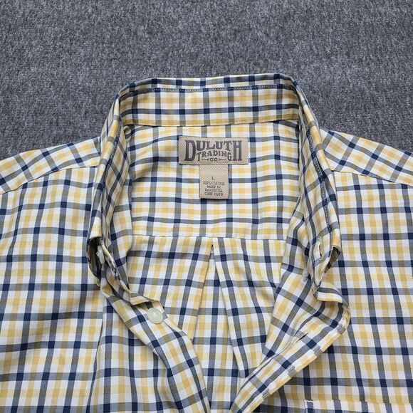Duluth Trading Co Shirt Mens Large Yellow Blue Plaid Button Down Casual Cotton - Picture 5 of 8